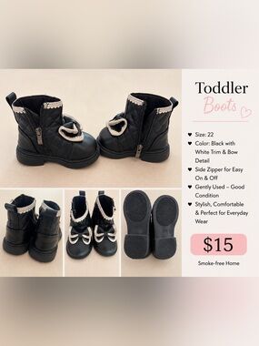 Toddler Girls Black Quilted Bow Ankle Boots EU 22 / US 6–6.5